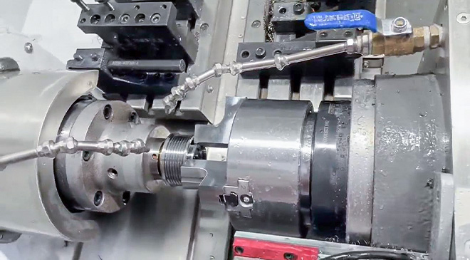 1st and 2nd spindle rotate docking, realize double side machining processes in single clamping